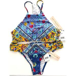 NWT Nanette Lepore Bikini Set M High Neck Floral Boho Strappy Cutout